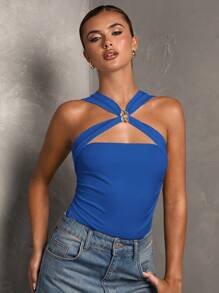 SHEIN BAE Women's Solid Color Cross Pleated Fitted Halter Bodysuit - Royal Blue - View 6