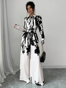 Selianne Long Sleeve Collared Waist Tie Up Floral Printed Women Jumpsuit Fall Cloth For Women - Multicolor - View 1