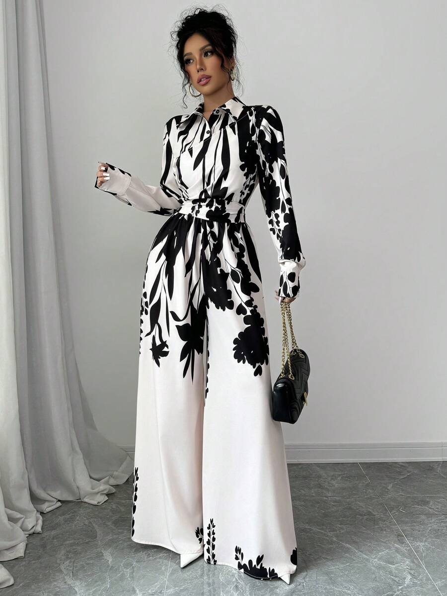 Selianne Long Sleeve Collared Waist Tie Up Floral Printed Women Jumpsuit Fall Cloth For Women - Multicolor - View 1