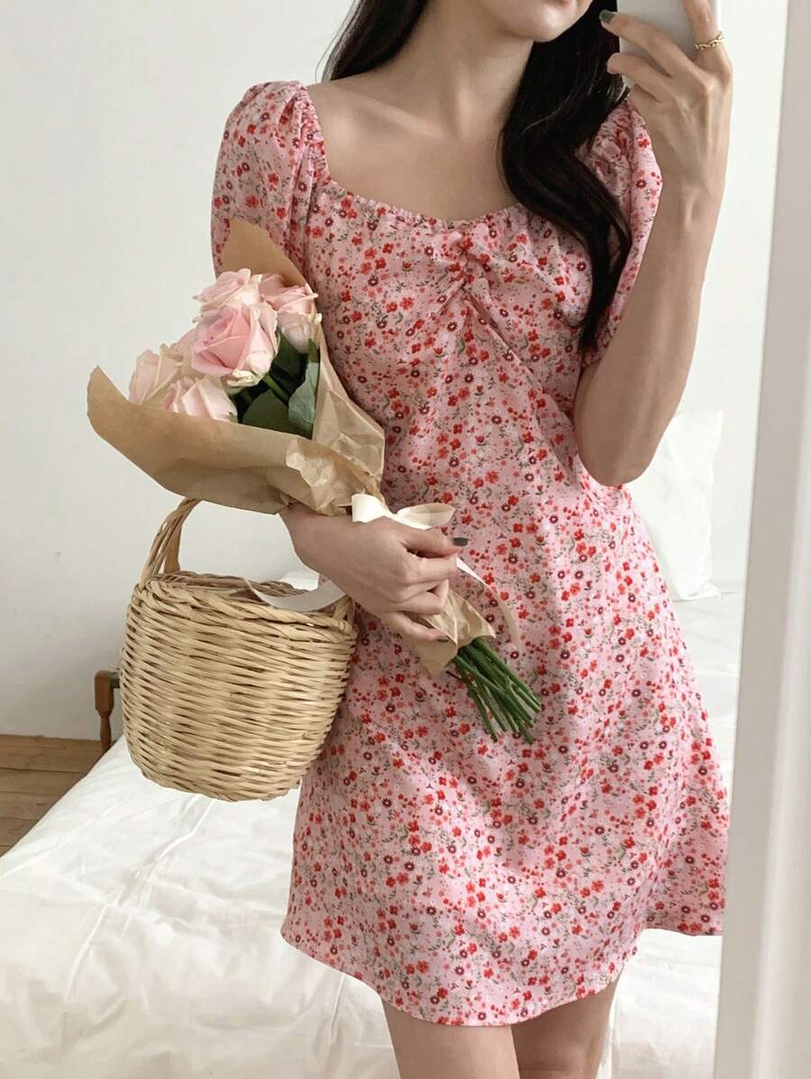 DAZY Women's Floral Print Bubbles Sleeve Short Casual Dress, Pink, Holiday Flower Vacation Beach, Spring/Summer Draped Dress Pink Party Women Dresses, Milkmaid Dress Cruise Outfit For Women Off The Shoulder Boho - Pink - View 1