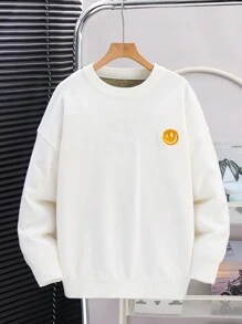 Sweter z dzianiny Casual Kids Tween Boys z haftem w blokach kolorów i literami, luźny krój i okrągły dekolt