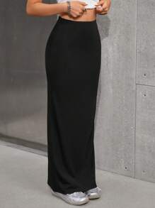 SHEIN Teen Girl Black Casual,Solid Color Casual Knitted High Waist Skirt