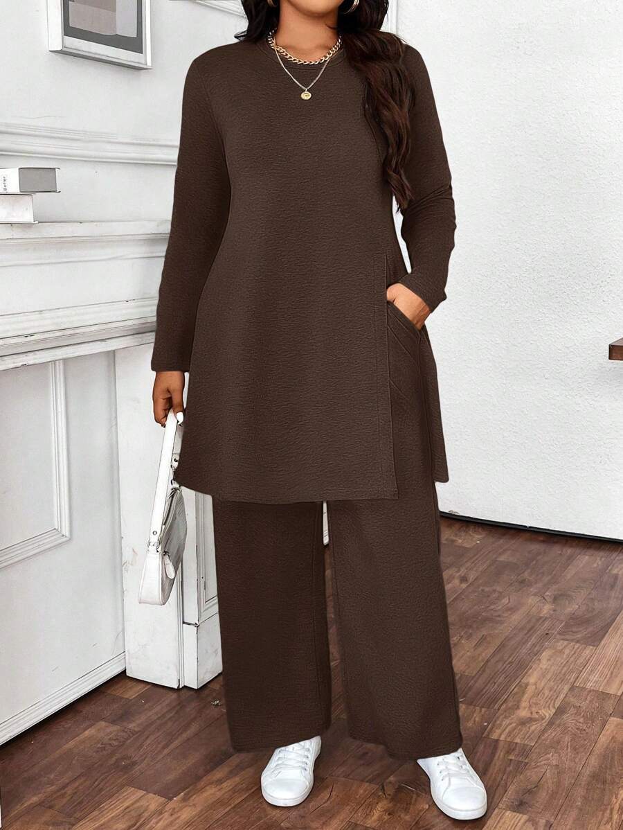 Calvaya Set de 2 piezas Conjunto informal de talla grande de manga larga con bajo dividido en unicolor, para otoño - Café integral - Ver 1