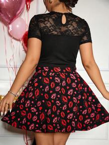 SHEIN Frenchy Plus Size Boho Casual Elegant Red Lips Valentine's Day Skort, For Summer - Black - View 2