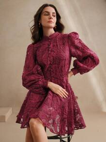 Anewsta Women's Spring Dress, Elegant Floral Embroidery Mesh Lantern Sleeve Collared Waist Cinched Wedding Guest Dress, Suitable For Valentine's Day, Birthday - Burgundy - View 5