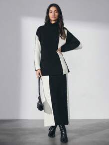 RueChic Women Contrast Color Splice Crew Neck Sweater + A-Line Skirt 2 Piece Casual Knitted Set - Black - View 1