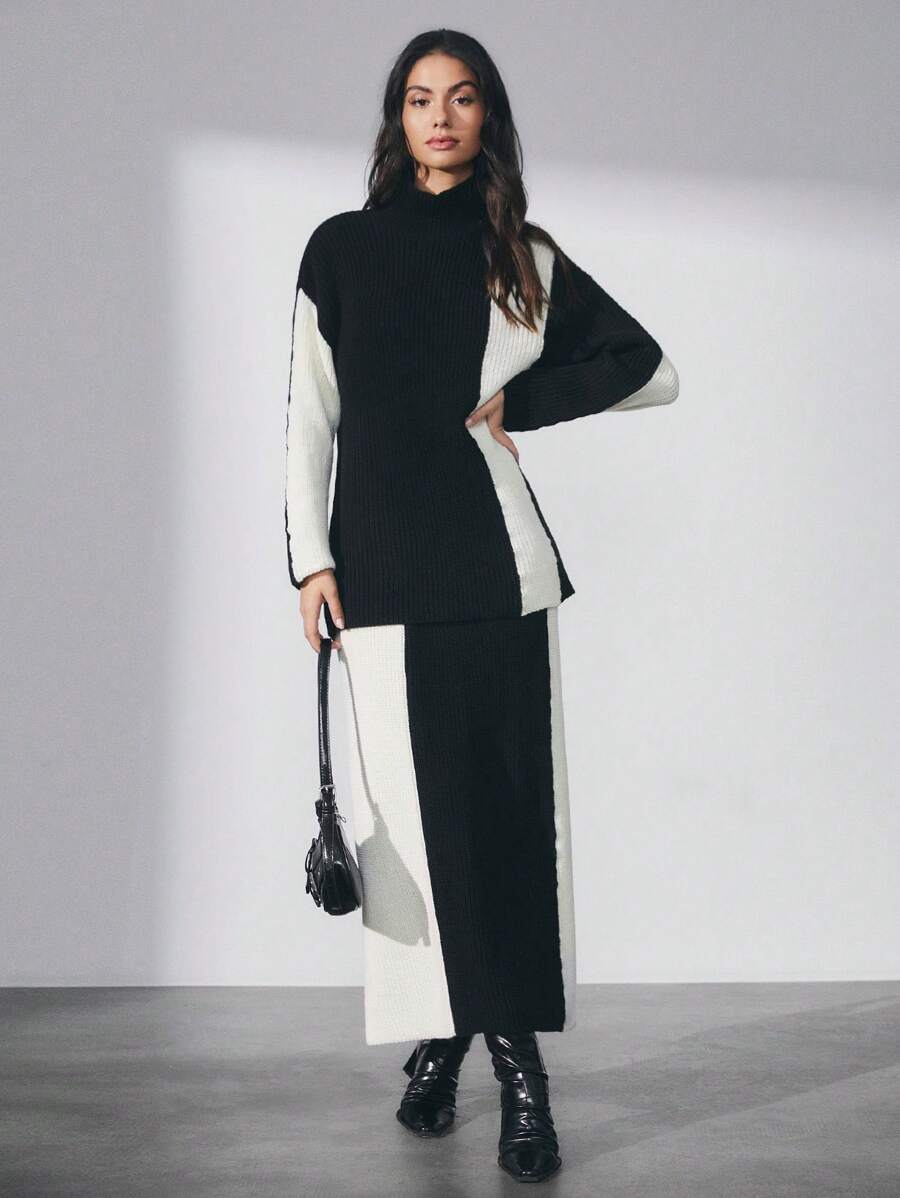 RueChic Women Contrast Color Splice Crew Neck Sweater + A-Line Skirt 2 Piece Casual Knitted Set - Black - View 1