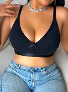 Đồ lót ren dây mảnh màu trơn cỡ lớn trang trí nơ đơn giản và thoải mái - màu đen - Xem 5