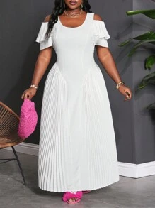 Slaydiva Robe d'épaules dénudées taille unicolore à volants et coupe ajourée, convenant aux grandes tailles. Appropriée pour le mariage, élégante, douce, romantique, sortie en amoureux. - Blanc - Voir 4