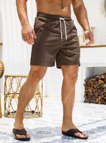 Manfinity Homme 宽松男士字母补丁细节抽绳腰部棕色休闲短裤，灯芯绒