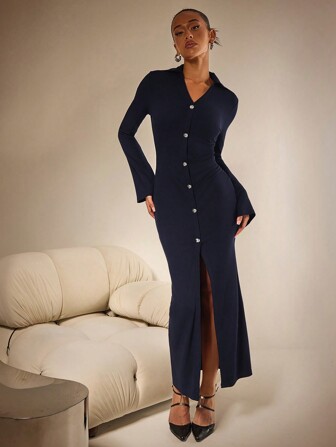 Athîral 女士纯色长袖单排扣开衩下摆优雅连衣裙