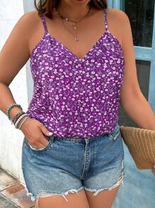 SHEIN VCAY 大码波西米亚风休闲碎花紫色吊带背心，适合夏季