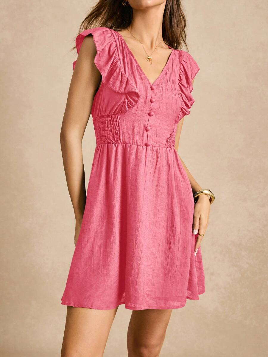 SHEIN Frenchy 女士 V 领褶皱简约休闲短裙 - 粉色 - 查看 1