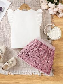 2pcs/Set Young Girl Knit Faux Sequins Printed T-Shirt And Mini Skirt Set - Dusty Pink - View 2