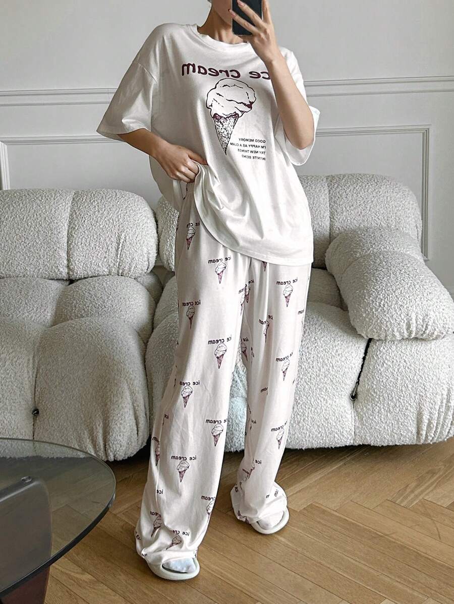 DAZY Cute Ice Cream Print Short Sleeve & Long Pants Pajama Set, Loose Fit