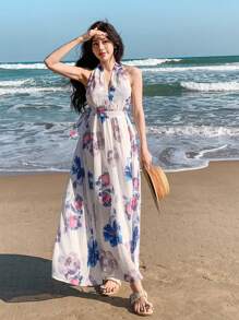 DAZY Damen Neckholder Kleid mit Blume Muster, lässiges Blumenkleid, Urlaubsoutfit, Maxikleid, Kreuzfahrtoutfit für Damen, Cocktailkleid - Verschiedenfarbig - Übersicht 1