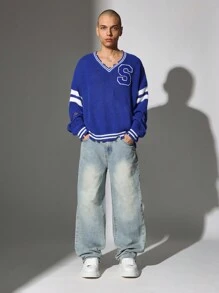 SUMWON Premium Varsity Letter V-Neck Sweater College Style Distressed Knit Pullover Casual Wear Winter Fall Fashion Loose Fit Ribbed Trim Oversized S Letter - Blue - View 3