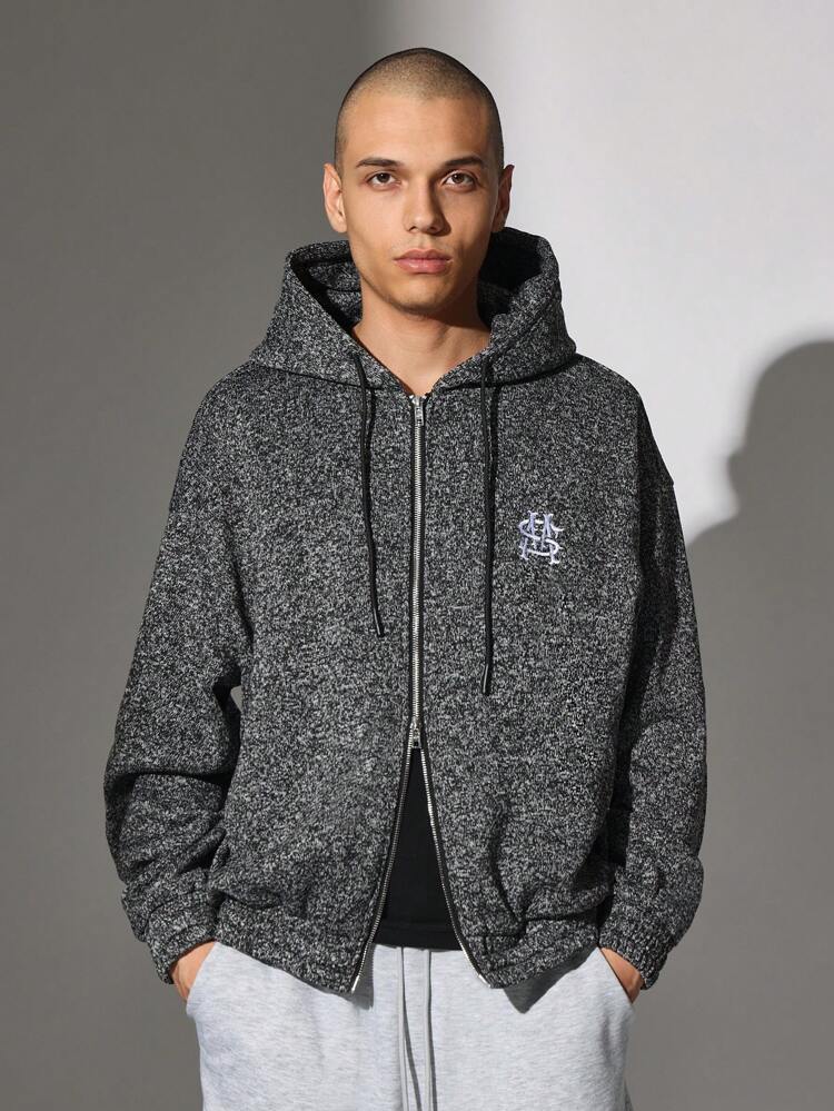 Felpa con cappuccio in maglia mélange con zip intera e ricamo