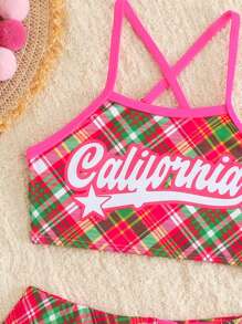 SHEIN 年轻女孩细肩带字母印花简约比基尼上衣和下装泳衣套装 - 西瓜粉 - 查看 4