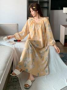 DAZY Floral Print Pleated Drawstring Collar Raglan Lantern Sleeve Loose Nightgown Pajama - Yellow - View 4