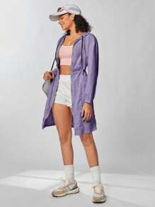 SHEIN 女式长款休闲夹克，带拉链门襟、抽绳腰带和兜帽 - 紫色 - 查看 7