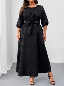 SHEIN Clasi Plus Size Women Leopard Jacquard Round Neck Lantern Sleeve Elegant Dress