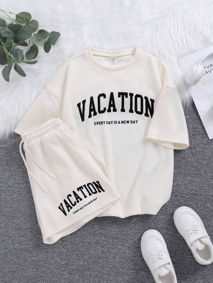 SHEIN Tween Girls Casual Knit Round Neck Short Sleeve Letter Print T-Shirt And Shorts 2 Pieces Set - Beige - View 1