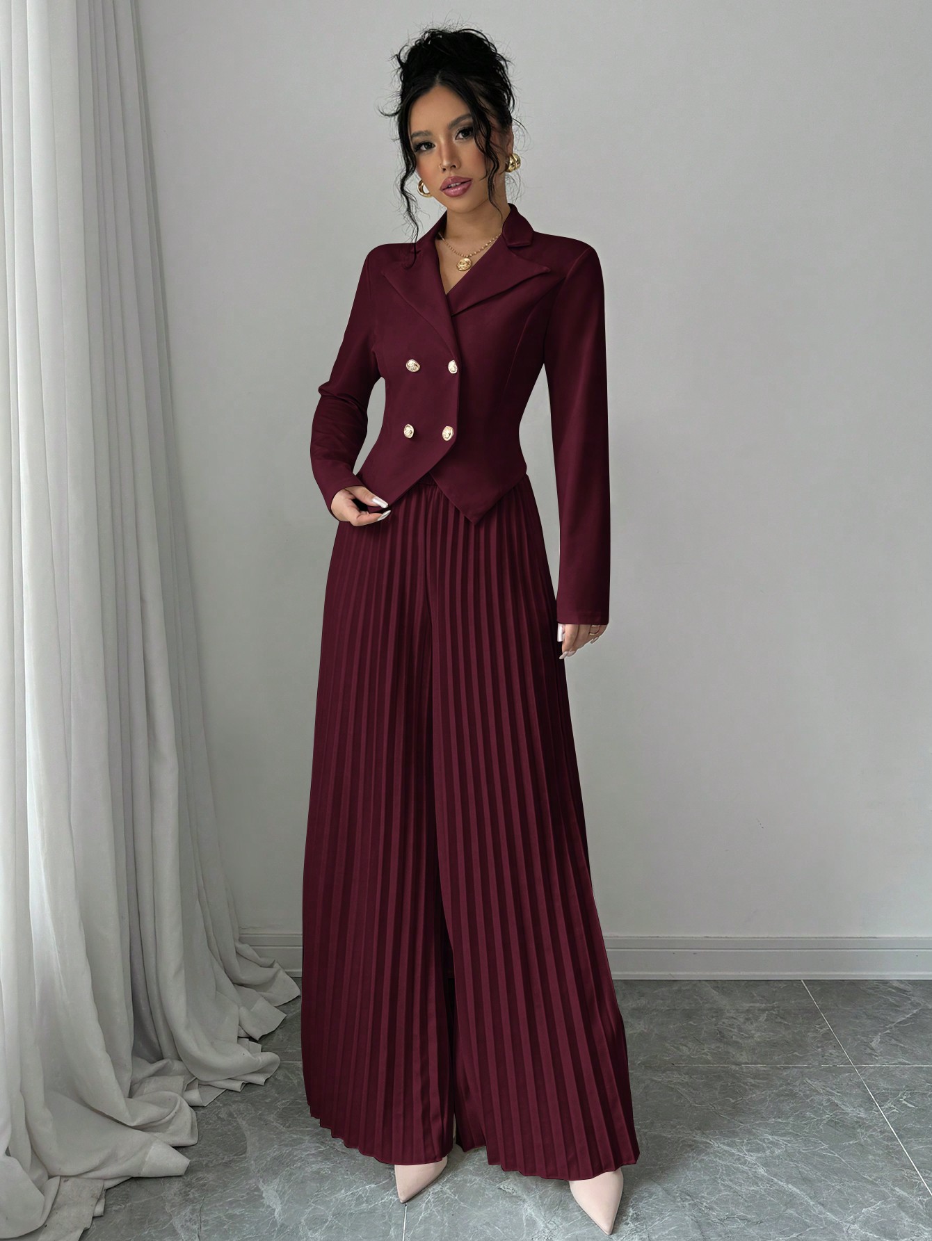 Elenzga بلوفر أنيق للنساء بأكمام طويلة وازرار مزدو...