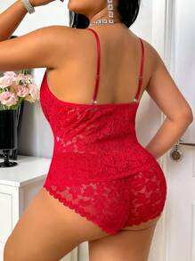 SHEIN 大码性感内衣，蕾丝拼接，浪漫透明设计 - 酒紅色 - 查看 2