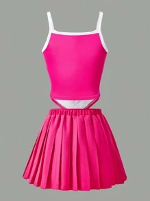 SHEIN Explorewe 心形吊坠上衣和百褶裙套装情人节服装少女女孩，玫瑰红色 - 玫紅色 - 查看 4