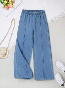 SHEIN Tween Girl 不对称腰线宽松休闲百搭洗水牛仔阔腿牛仔裤，2024 年日常时尚必备单品 - 中等水洗藍 - 查看 1