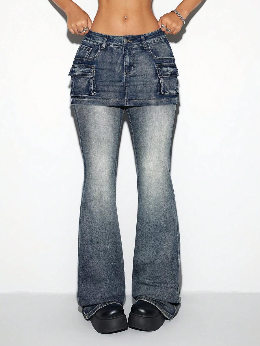 SHEIN ICON Retro Cargo Low Waist Flared Denim Skort