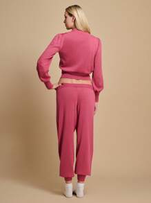 TryMe Women Lace-Up Long Sleeve Casual Top And Pants Set - Hot Pink - View 2
