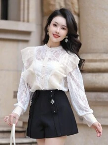 DAZY Blusa de mujer con cuello de volantes de encaje y parches, prenda de vestir de mujer de manga larga para otoño - Albaricoque - Ver 8