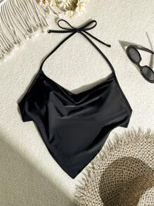 SHEIN Swim Top halter sin mangas sexy con tirantes de lazada de unicolor para mujer, verano