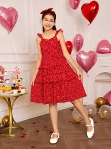 SHEIN 1 pieza Vestido elegante de estilo pastel con estampado floral rojo y tirantes para niñas preadolescentes de estilo casual y moderno, juegos de ropa a juego familiar (se venden por separado 2 piezas)