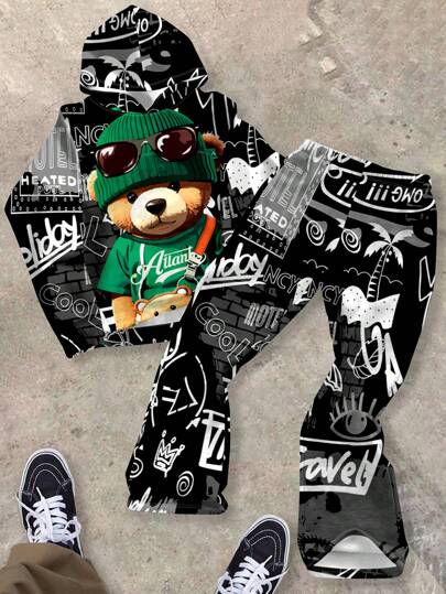 SHEIN 2pcs Teenage Boy Casual Minimalist Cartoon Bear Pattern Loose Fit Hooded Long Sleeve Top And Long Pants Set