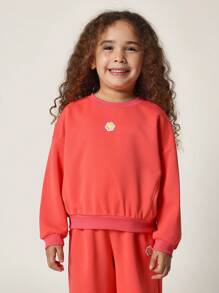 SUMWON Adorable Kids Two Piece Tracksuit Matching Set Winter Fall Wear Athletic Sport Training Outfit With Floral Emblem - Coral Orange - View 3