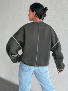 RueChic 95% Cotton Oversized Round Neck Sweatshirt With Exposed Seams And Long Sleeves - Grey - View 2