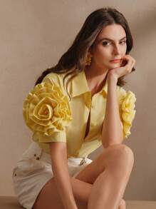 Anewsta High-End Casual Women's Shirt Vacation, Spring, Summer - Mustard Yellow - View 3
