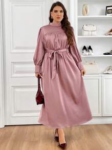 SHEIN Frenchy Plus Size Elegant Modest Dresses Solid Color Cinched Waist Long Dress, Casual - Dusty Pink - View 5