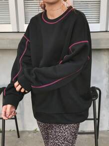 FRIFUL Women's Round Neck Drop Shoulder Long Sleeve Contrast Stitching Loose Sweatshirt