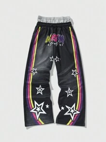 ROMWE MEN Street Life Men's Contrast Stripe & Star Print Drawstring Waist Sweatpants