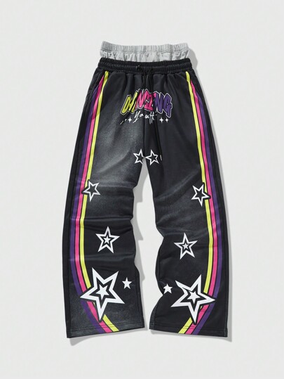 Street Life Herren Jogginghose mit Kontrast-Streifen- und Sternenmuster, Tunnelzug in der Taille