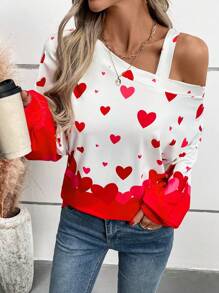 Women's Casual Heart Print Asymmetrical Neck T-Shirt, Stylish Everyday Wear Fall Cloth For Women - Multicolor - View 5