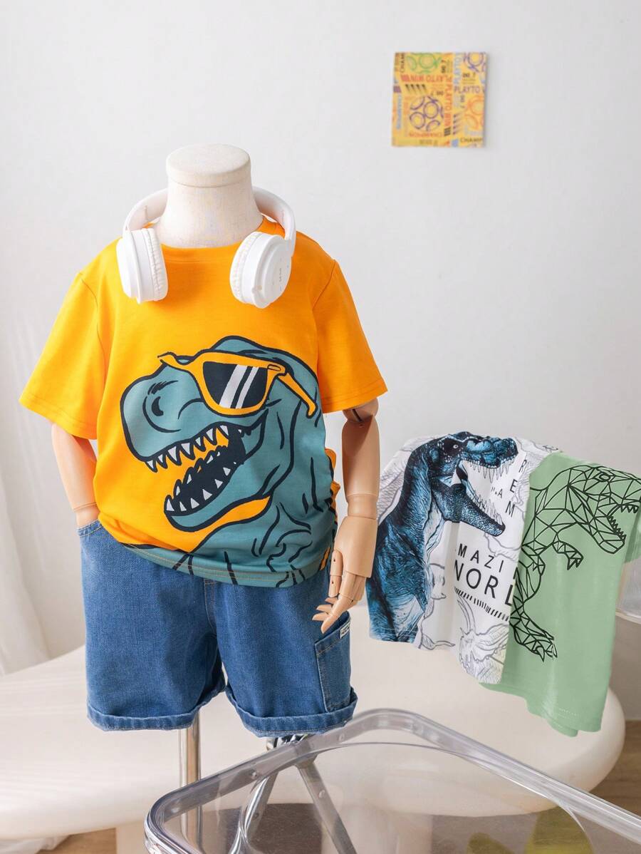 SHEIN Leap Crew 3 件/套买 1 送 2 男孩可爱恐龙图案圆领短袖 T 恤，时尚夏装适合户外玩耍、街头摄影、派对、城市漫步