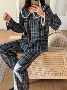 DAZY Cute Christmas Plaid Ruffle Collar Splice Pajama Set - Blue - View 5