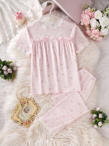2pcs/Set Girls Loose Comfortable Floral Trim Short Sleeve Top And Pants Casual Homewear Set Cute Pajamas, Little Girl's Pajamas, Floral Style Summer Kids Young Girls Clothing Sets Short Sleeve Young Girls Pajamas Young Girl Easter Little Girls Sets