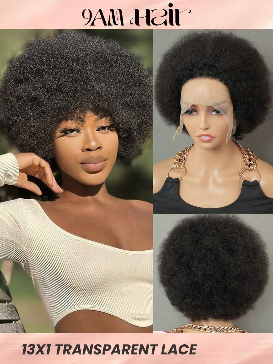 Perruque De Cheveux Humains 13x1 Dentelle Transparente En Tissu Duveteux Coiffure Afro Crépue Bouclée Humain Cheveux Pré-Plumé 100% Pour Femme devant en dentelle Perruque human hair - SNatural - Voir 1