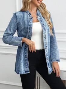 SHEIN LUNE Women Front Button Long Sleeve Simple Denim Jacket, Casual Daily Wear - Blue - View 3